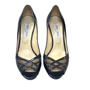 Jimmy Choo London 38.5 Black Patent Leather Mesh Peep Toe Heels – Made in Italy